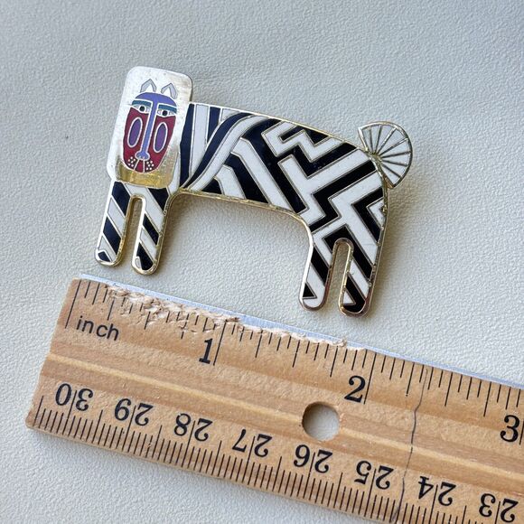 Vintage Laurel Burch Black White Enamel Zzzebra Gold Tone Cat Brooch Pin - Picture 5 of 6